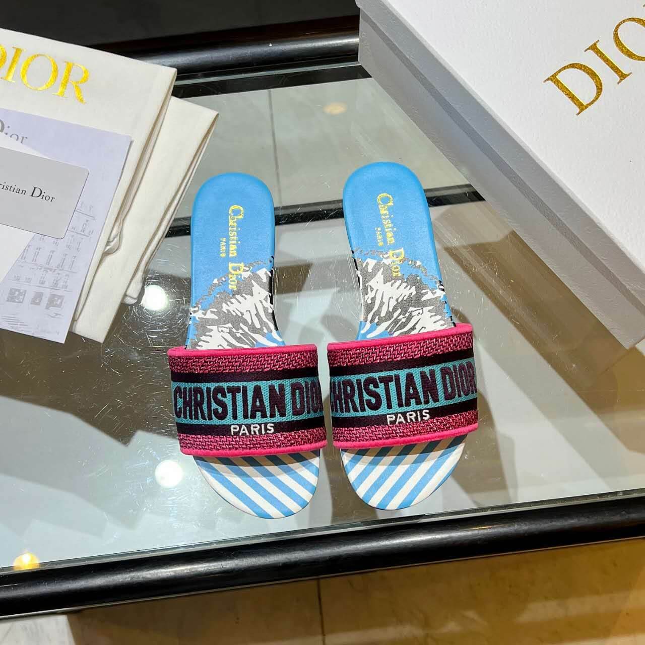 Dior Dway Blue with Pink and Black Embroidered Strap Slide Sandals