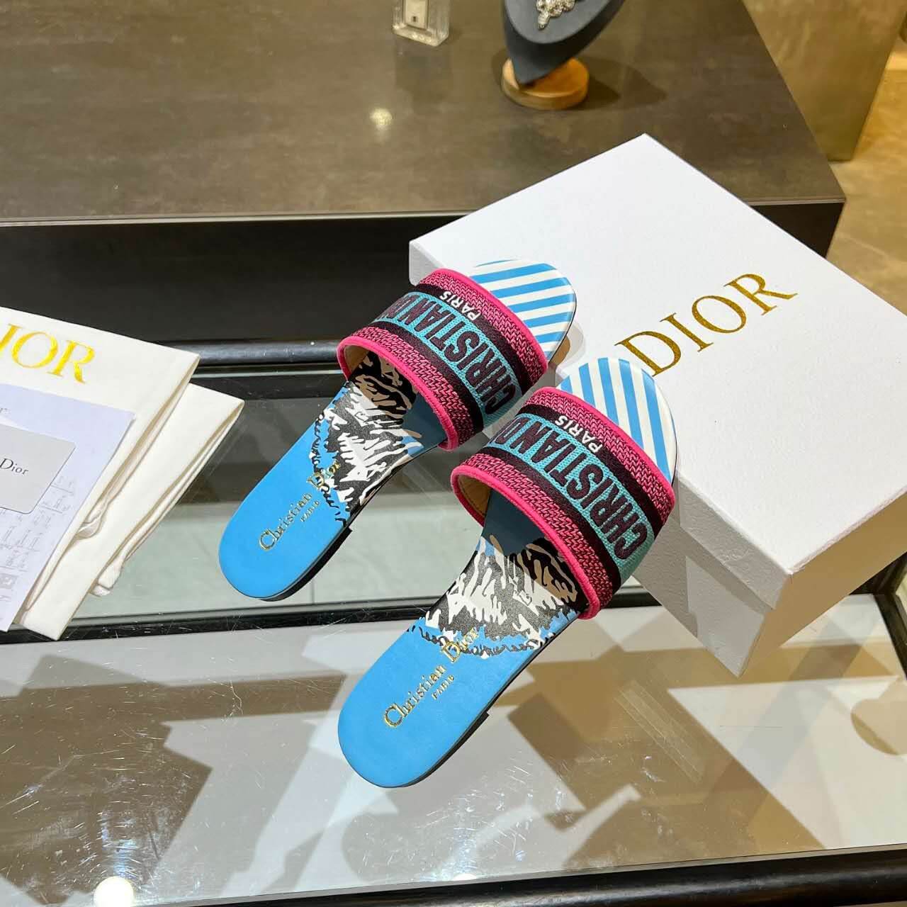 Dior Dway Blue with Pink and Black Embroidered Strap Slide Sandals