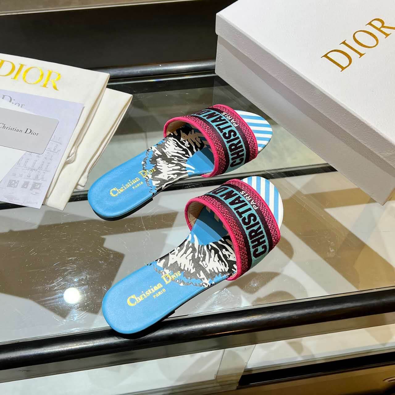 Dior Dway Blue with Pink and Black Embroidered Strap Slide Sandals