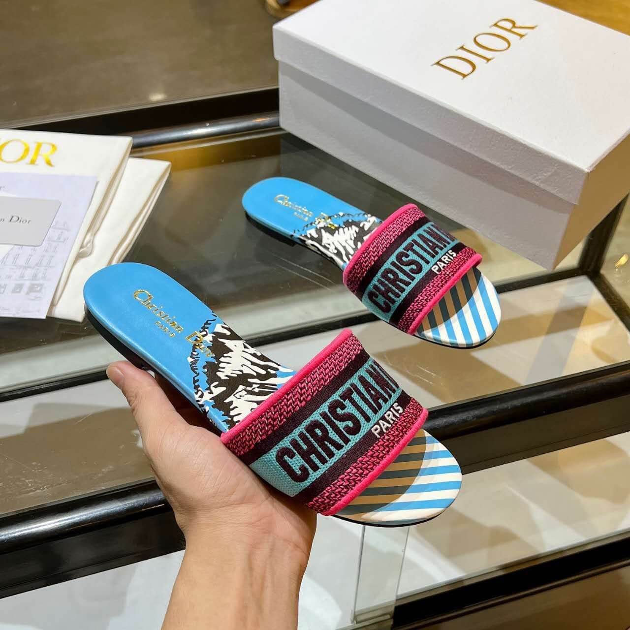 Dior Dway Blue with Pink and Black Embroidered Strap Slide Sandals