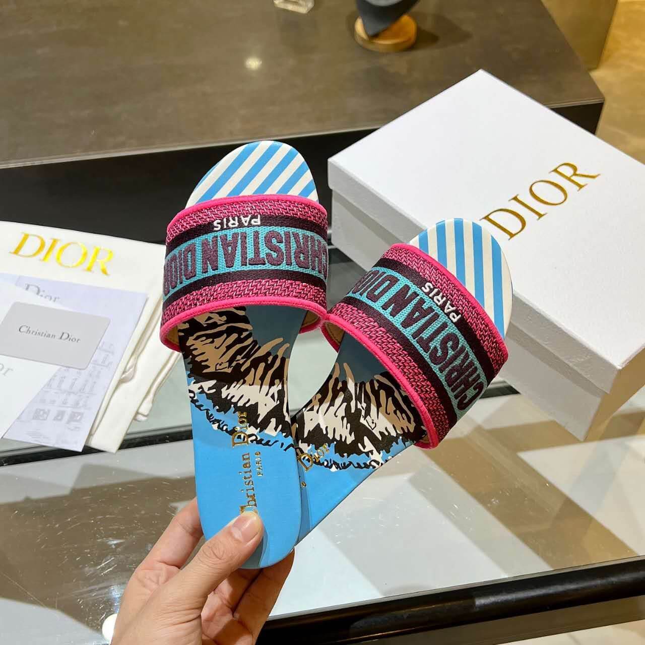 Dior Dway Blue with Pink and Black Embroidered Strap Slide Sandals