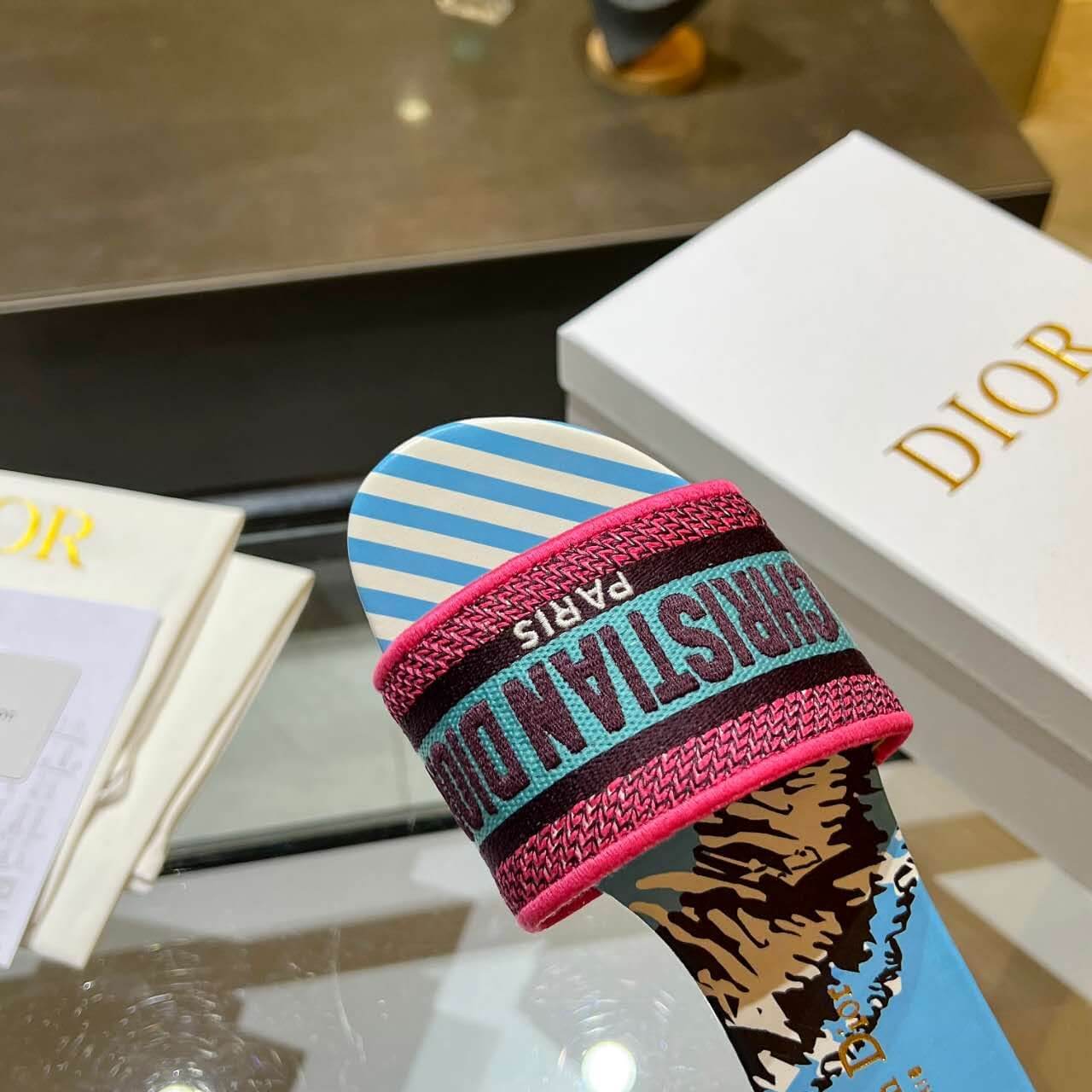 Dior Dway Blue with Pink and Black Embroidered Strap Slide Sandals