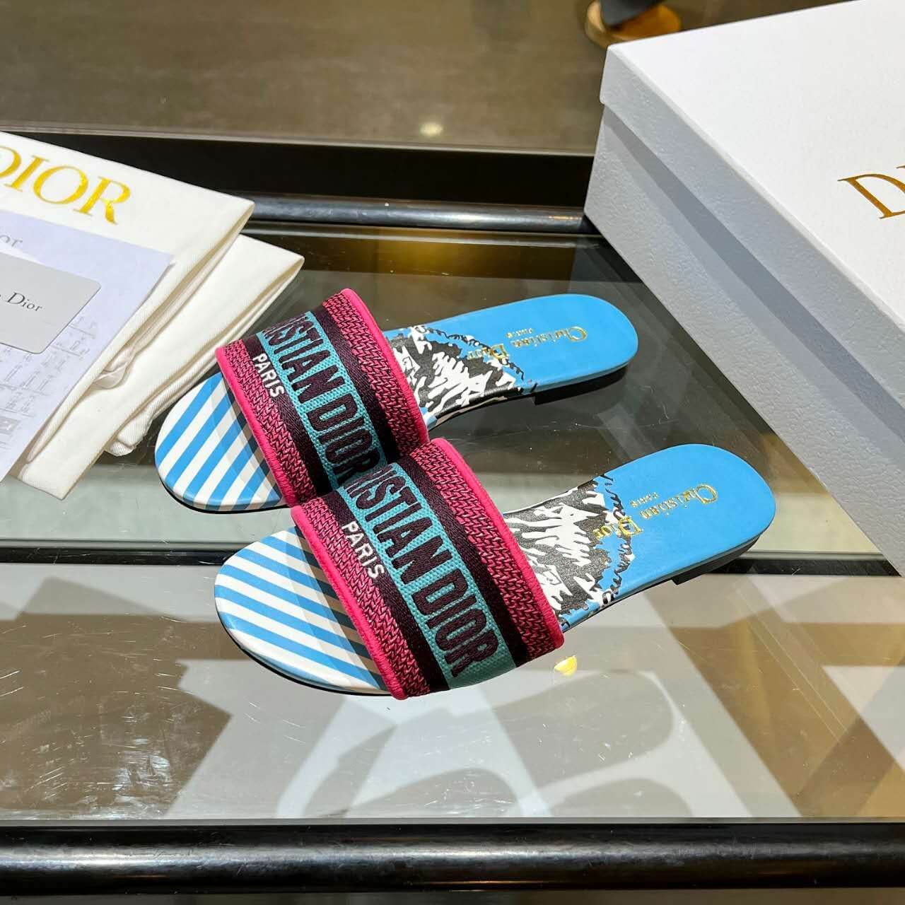 Dior Dway Blue with Pink and Black Embroidered Strap Slide Sandals