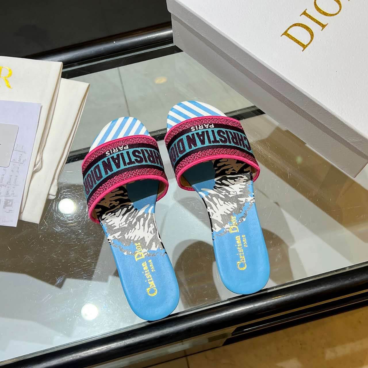 Dior Dway Blue with Pink and Black Embroidered Strap Slide Sandals