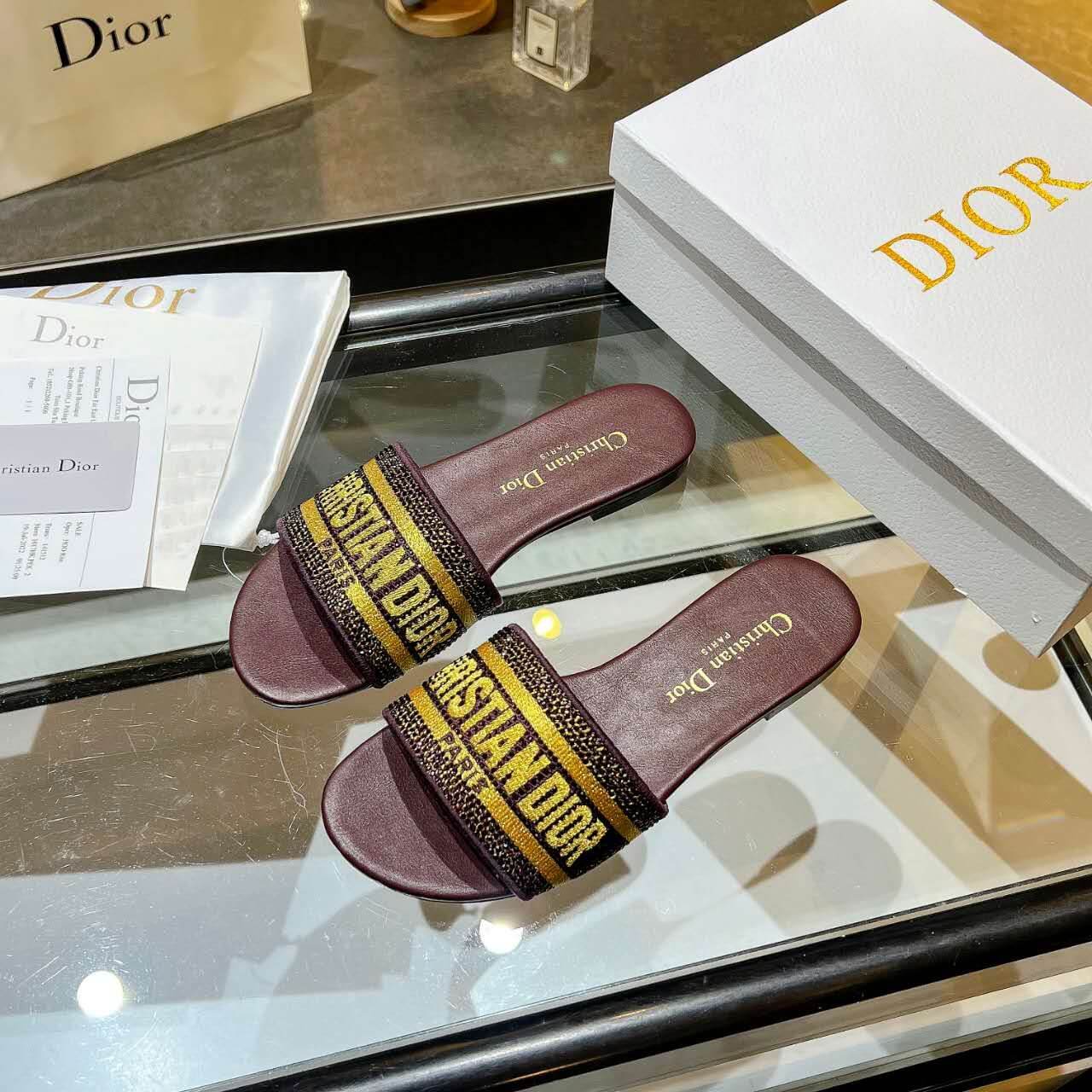 Dior Dway Burgundy with Gold Embroidery Slide Sandals