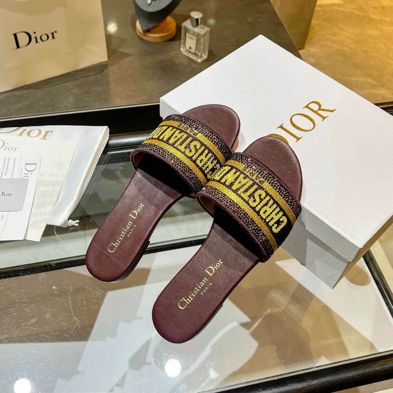 Dior Dway Burgundy with Gold Embroidery Slide Sandals
