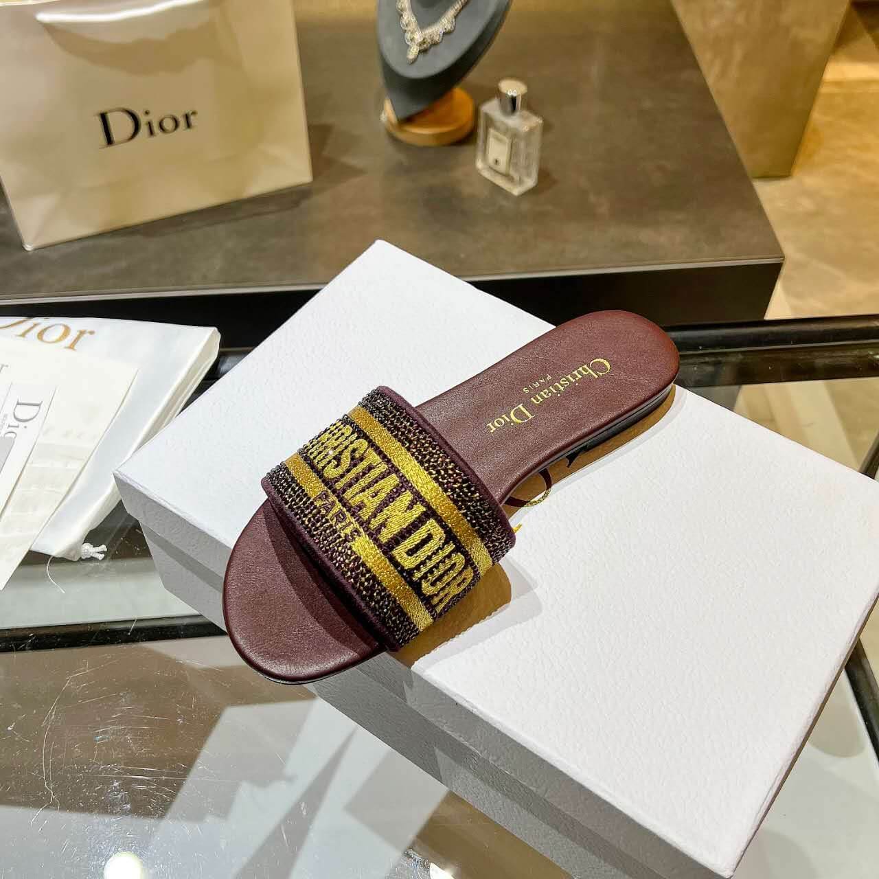 Dior Dway Burgundy with Gold Embroidery Slide Sandals