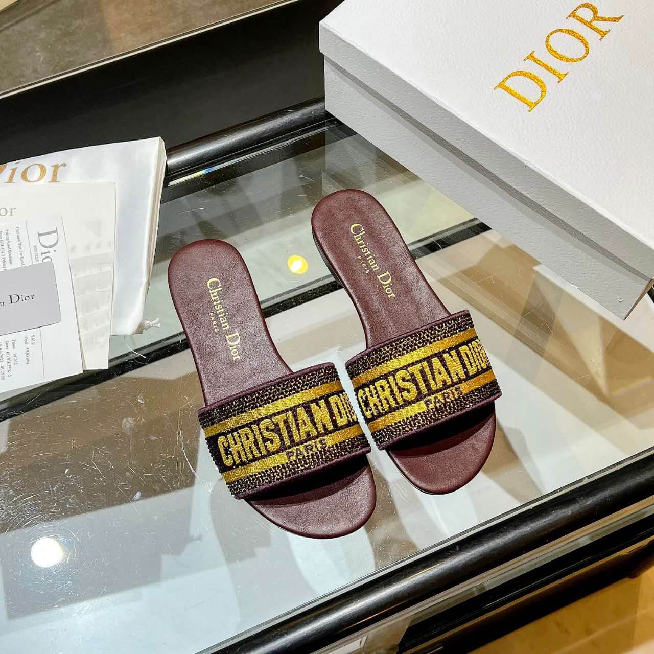 Dior Dway Burgundy with Gold Embroidery Slide Sandals