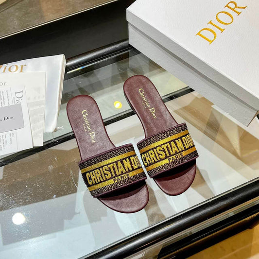 Dior Dway Burgundy with Gold Embroidery Slide Sandals