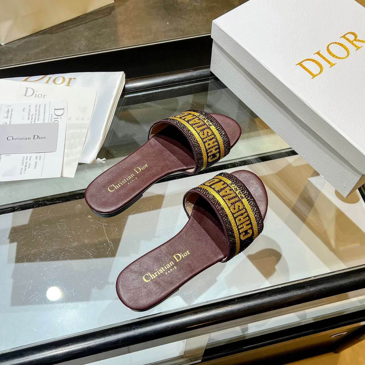 Dior Dway Burgundy with Gold Embroidery Slide Sandals