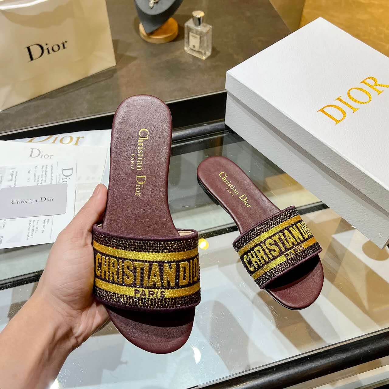 Dior Dway Burgundy with Gold Embroidery Slide Sandals