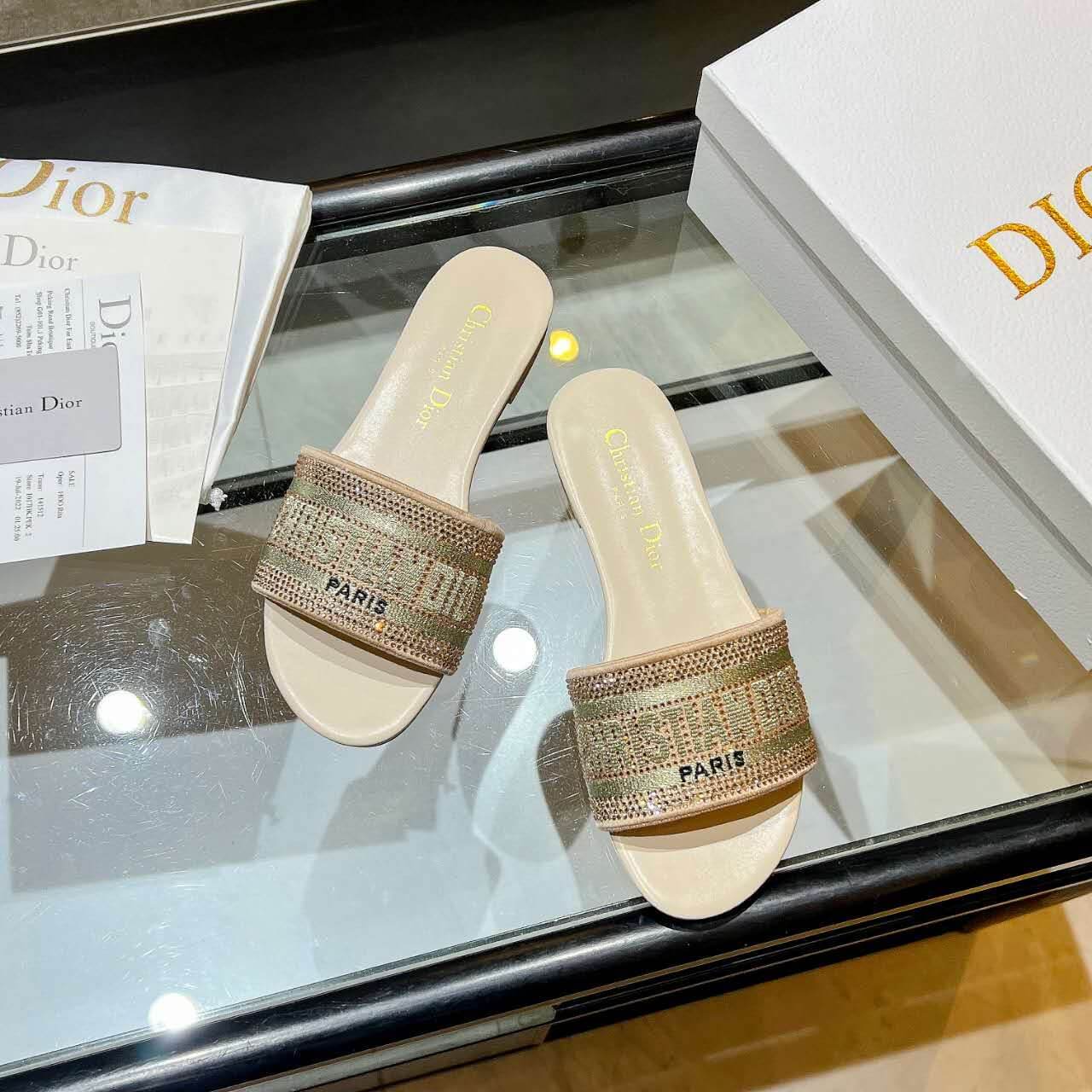 Dior Dway Gold Crystal Embellished Slide Sandals