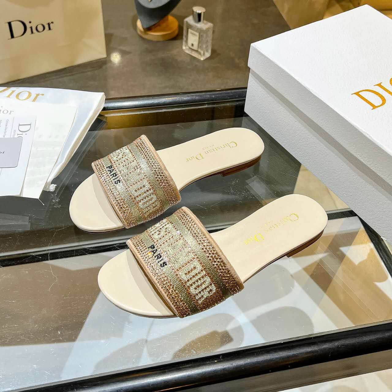 Dior Dway Gold Crystal Embellished Slide Sandals