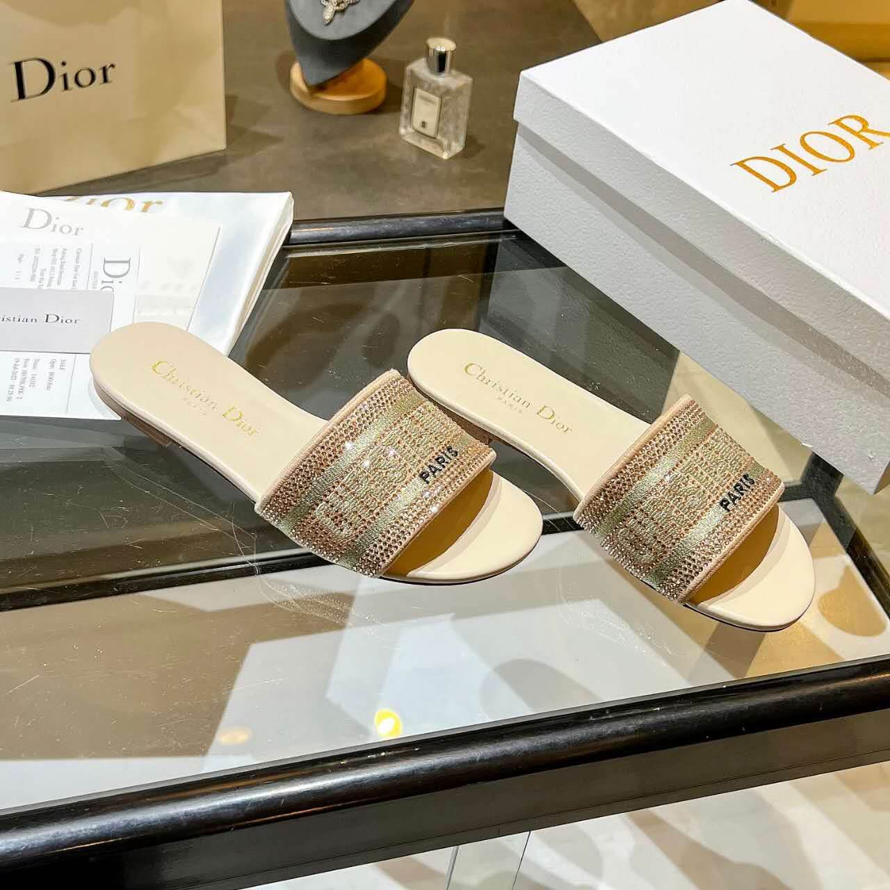 Dior Dway Gold Crystal Embellished Slide Sandals