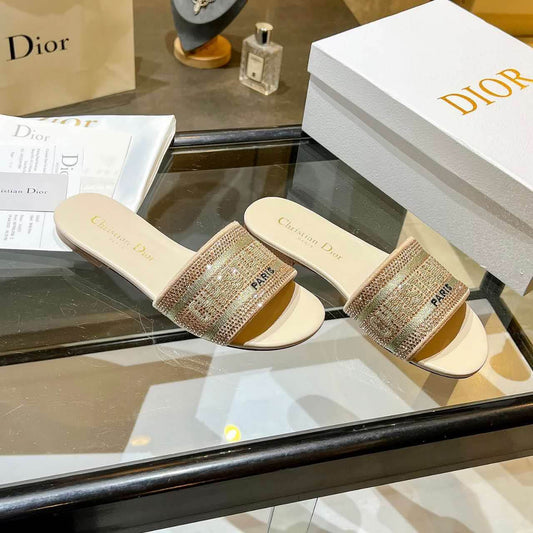 Dior Dway Gold Crystal Embellished Slide Sandals