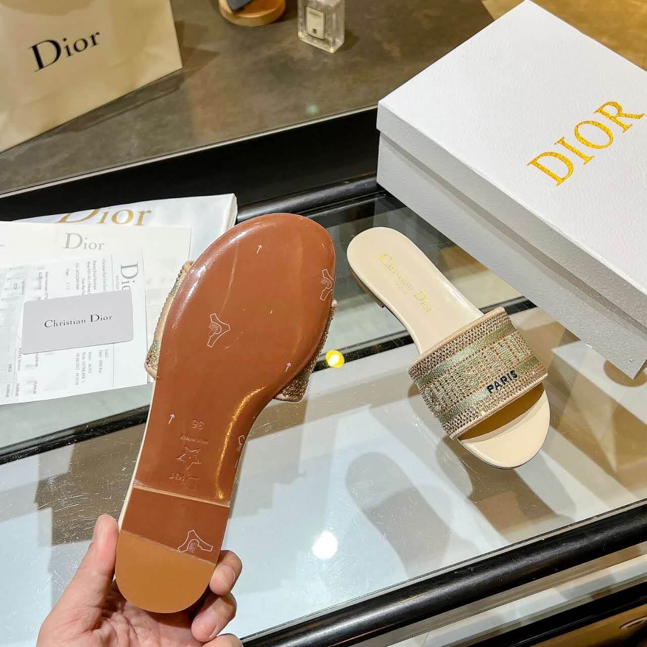 Dior Dway Gold Crystal Embellished Slide Sandals