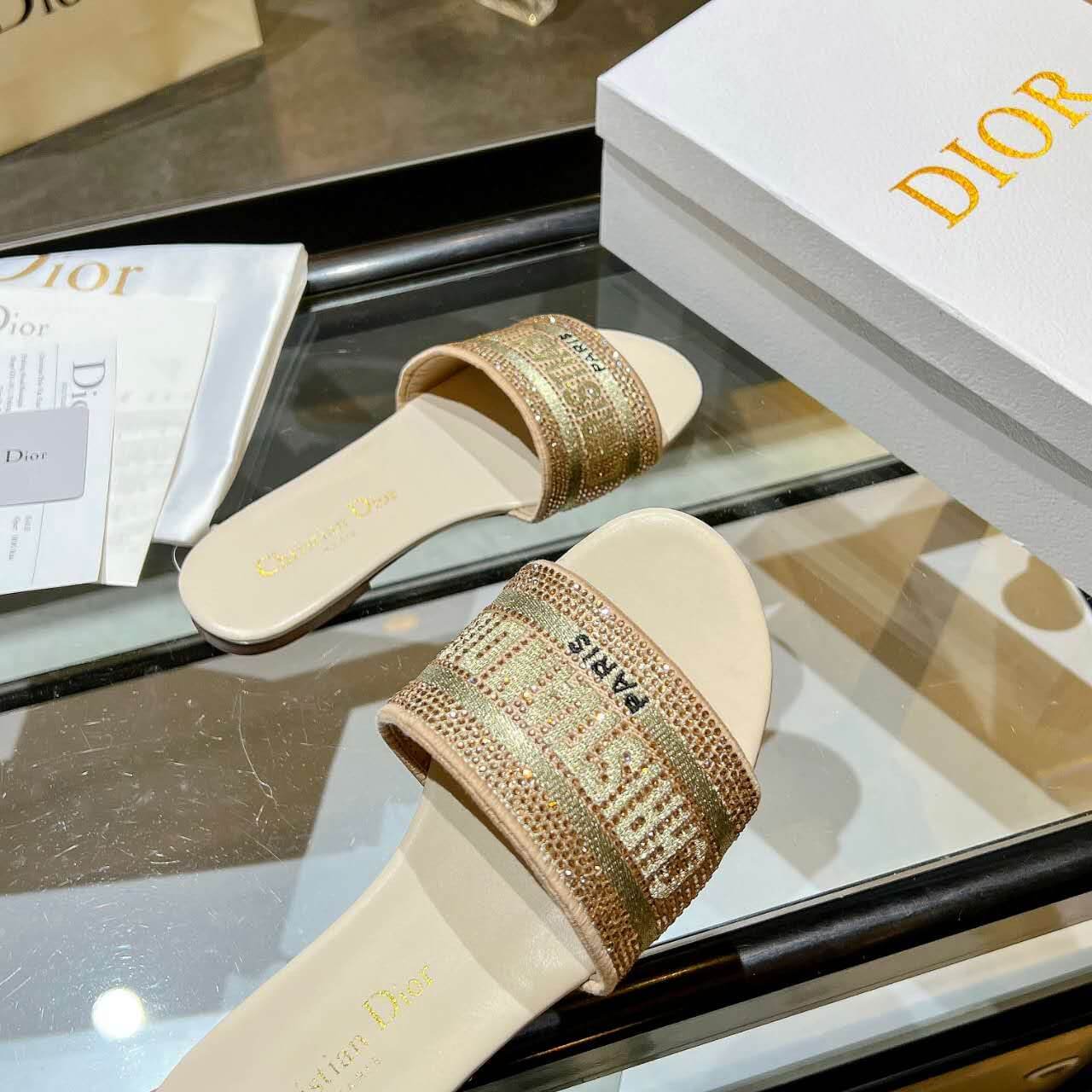 Dior Dway Gold Crystal Embellished Slide Sandals