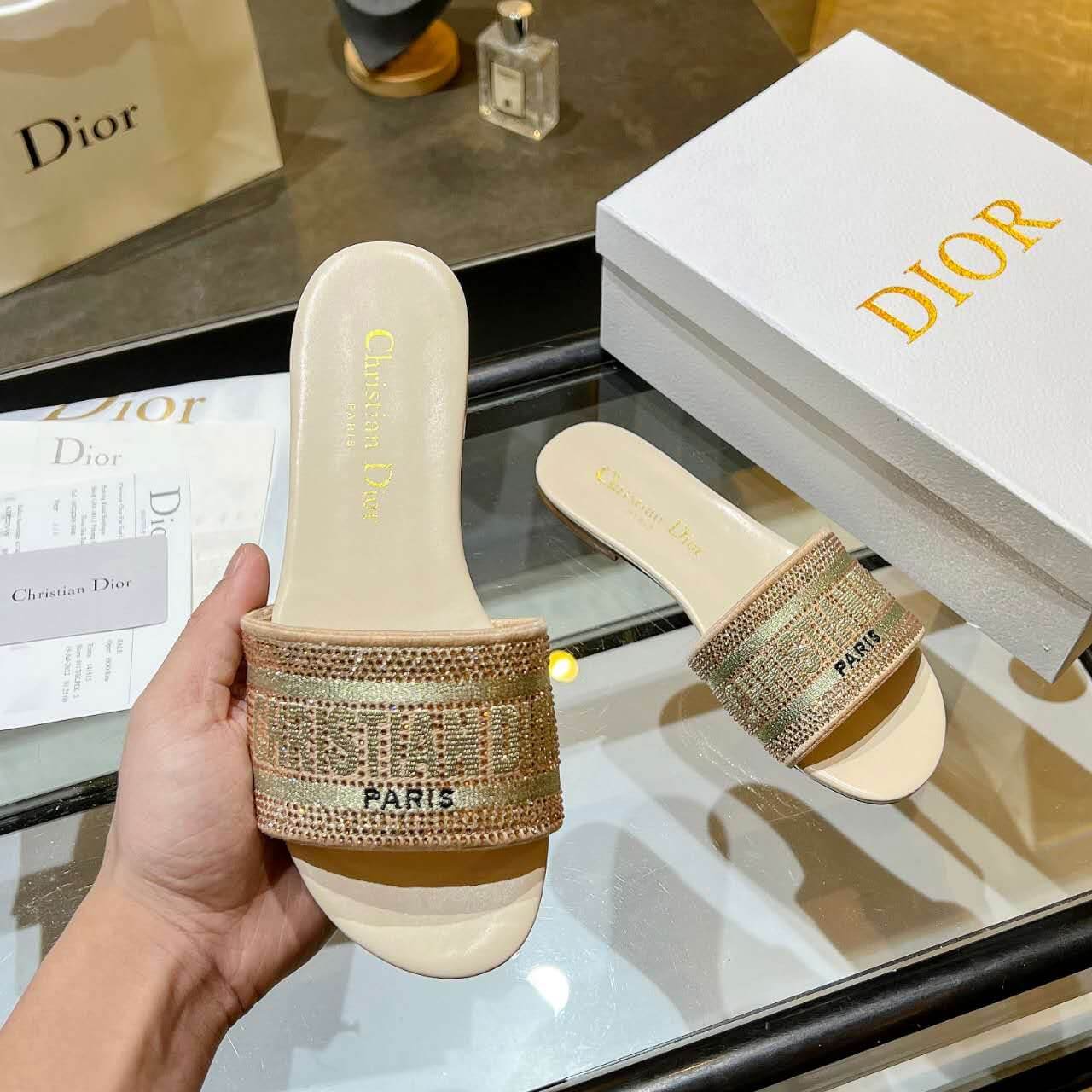 Dior Dway Gold Crystal Embellished Slide Sandals