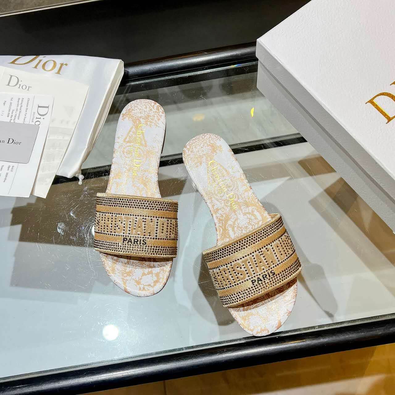 Dior Dway Gold Embellished Slide Sandals