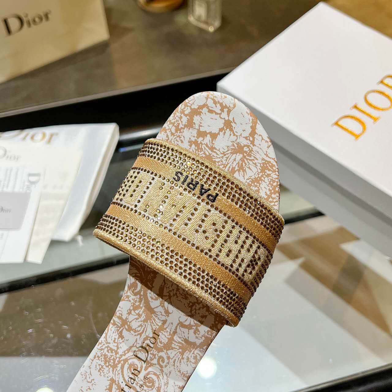 Dior Dway Gold Embellished Slide Sandals