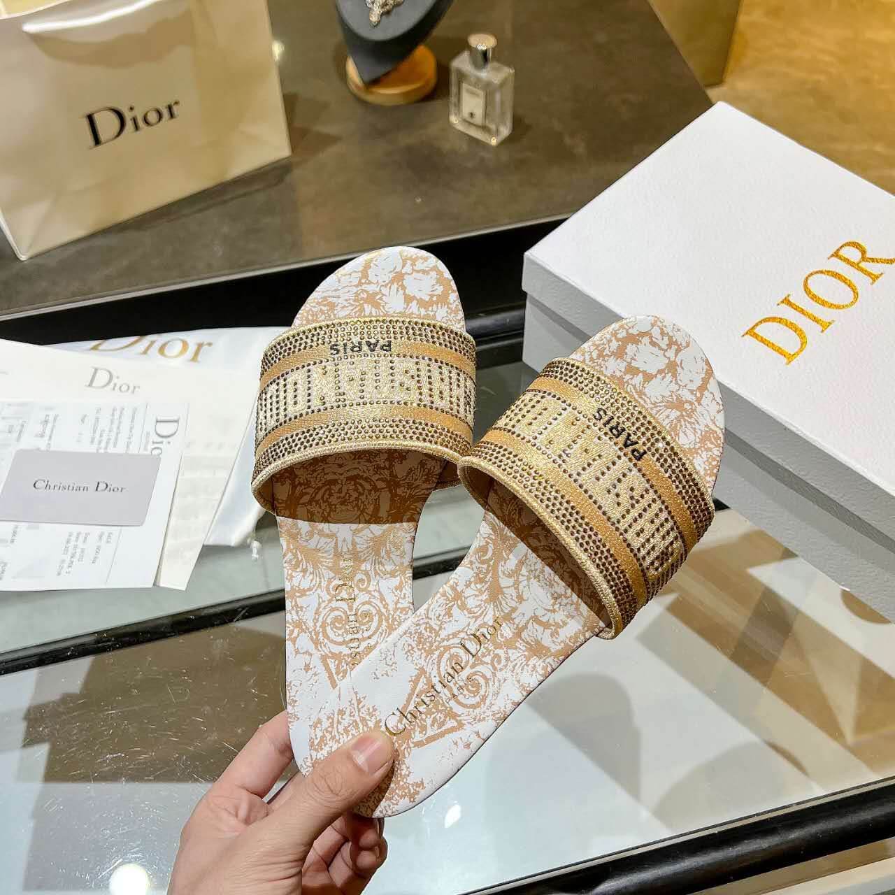 Dior Dway Gold Embellished Slide Sandals