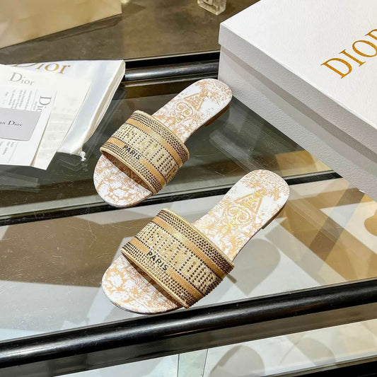 Dior Dway Gold Embellished Slide Sandals