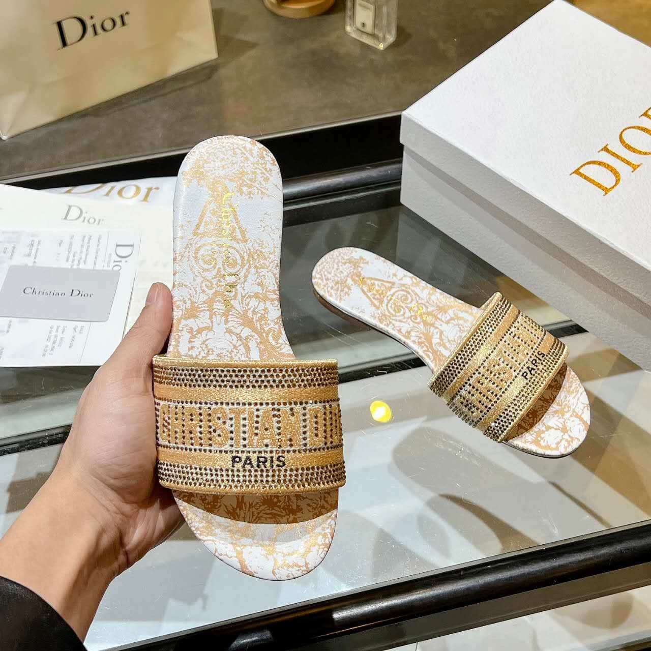 Dior Dway Gold Embellished Slide Sandals