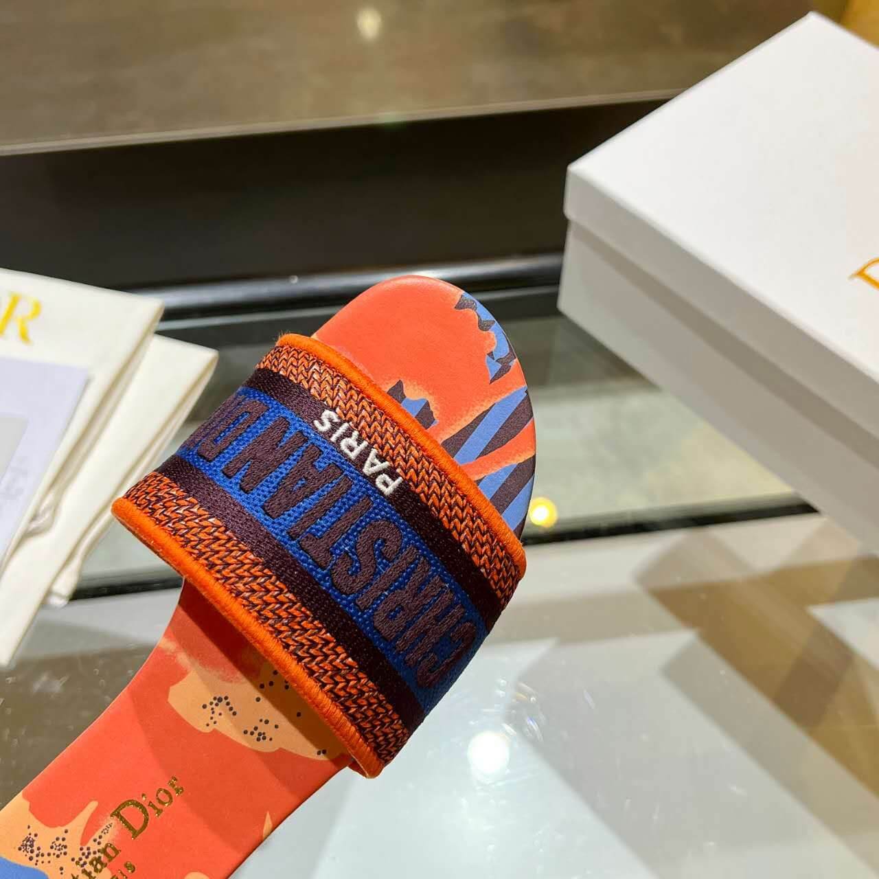 Dior Dway Orange Multicolor with Navy Blue Embroidered Strap Slide Sandals