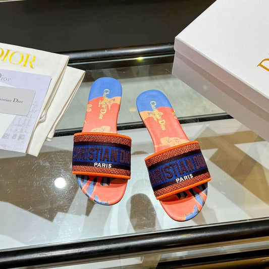 Dior Dway Orange Multicolor with Navy Blue Embroidered Strap Slide Sandals