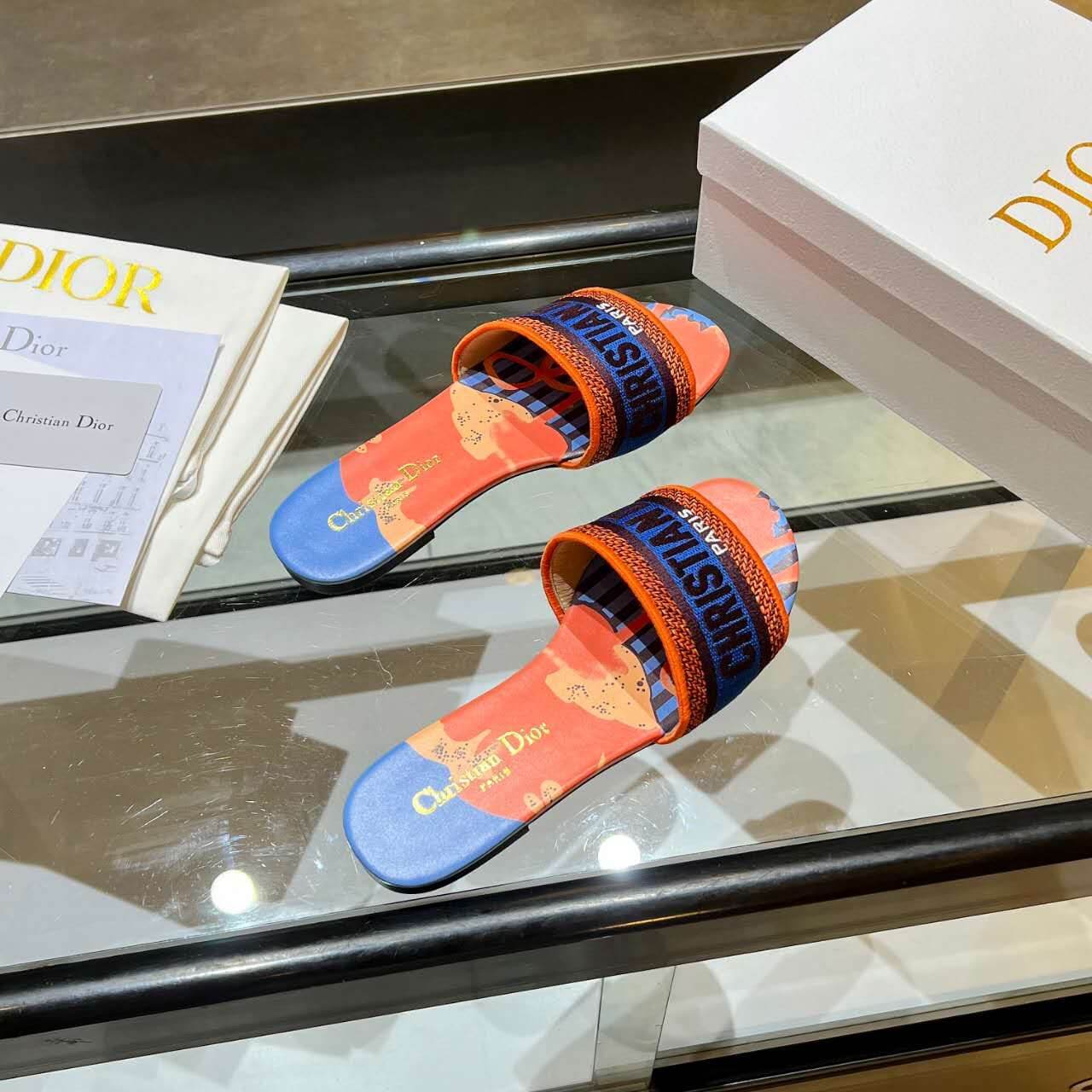 Dior Dway Orange Multicolor with Navy Blue Embroidered Strap Slide Sandals