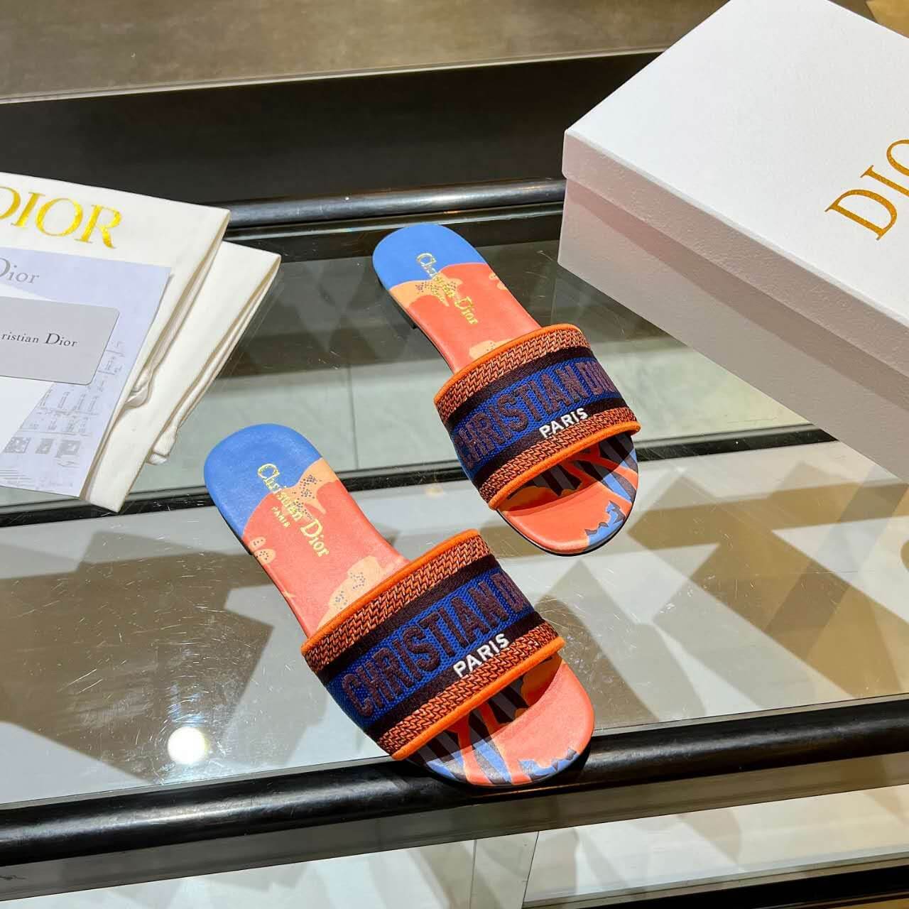 Dior Dway Orange Multicolor with Navy Blue Embroidered Strap Slide Sandals