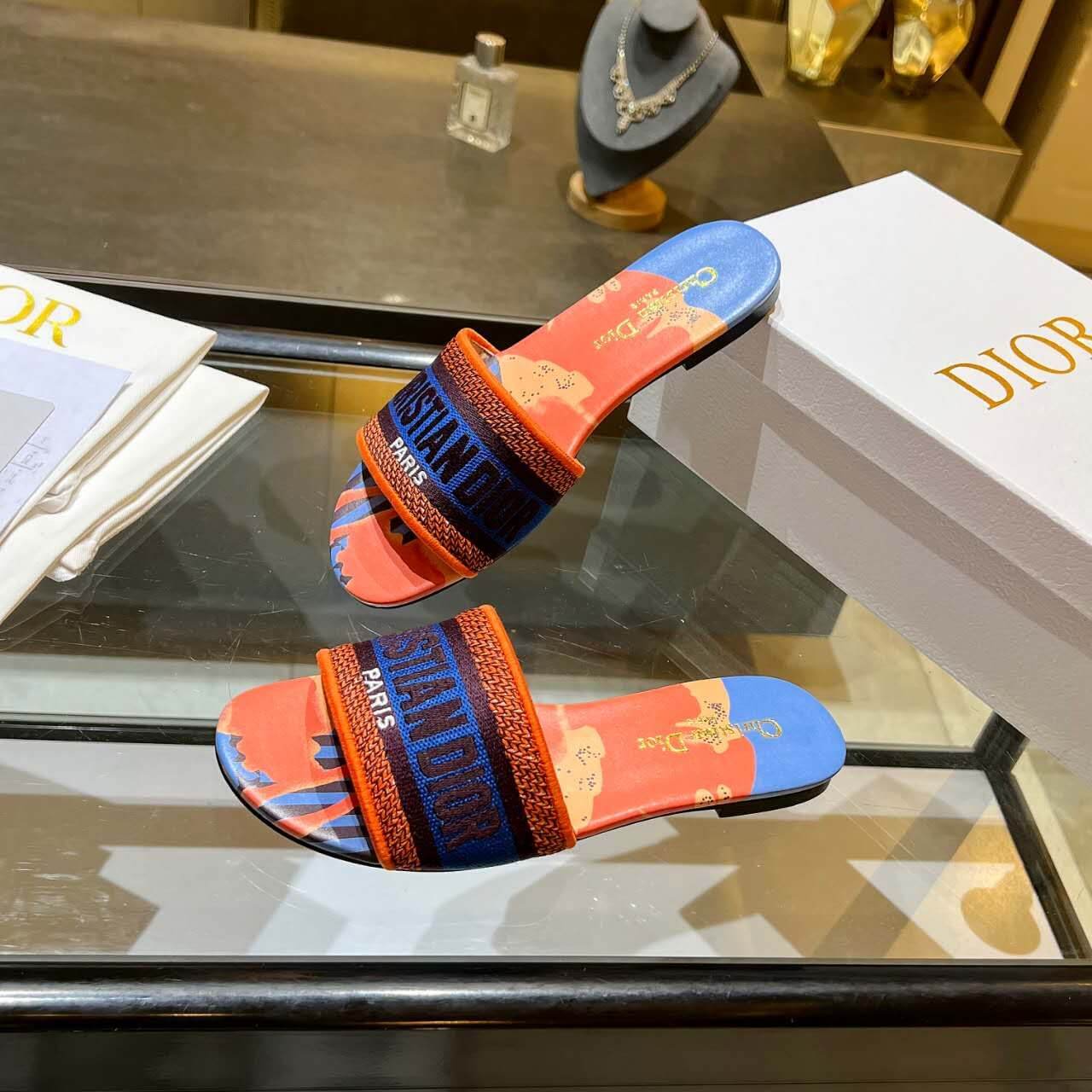 Dior Dway Orange Multicolor with Navy Blue Embroidered Strap Slide Sandals