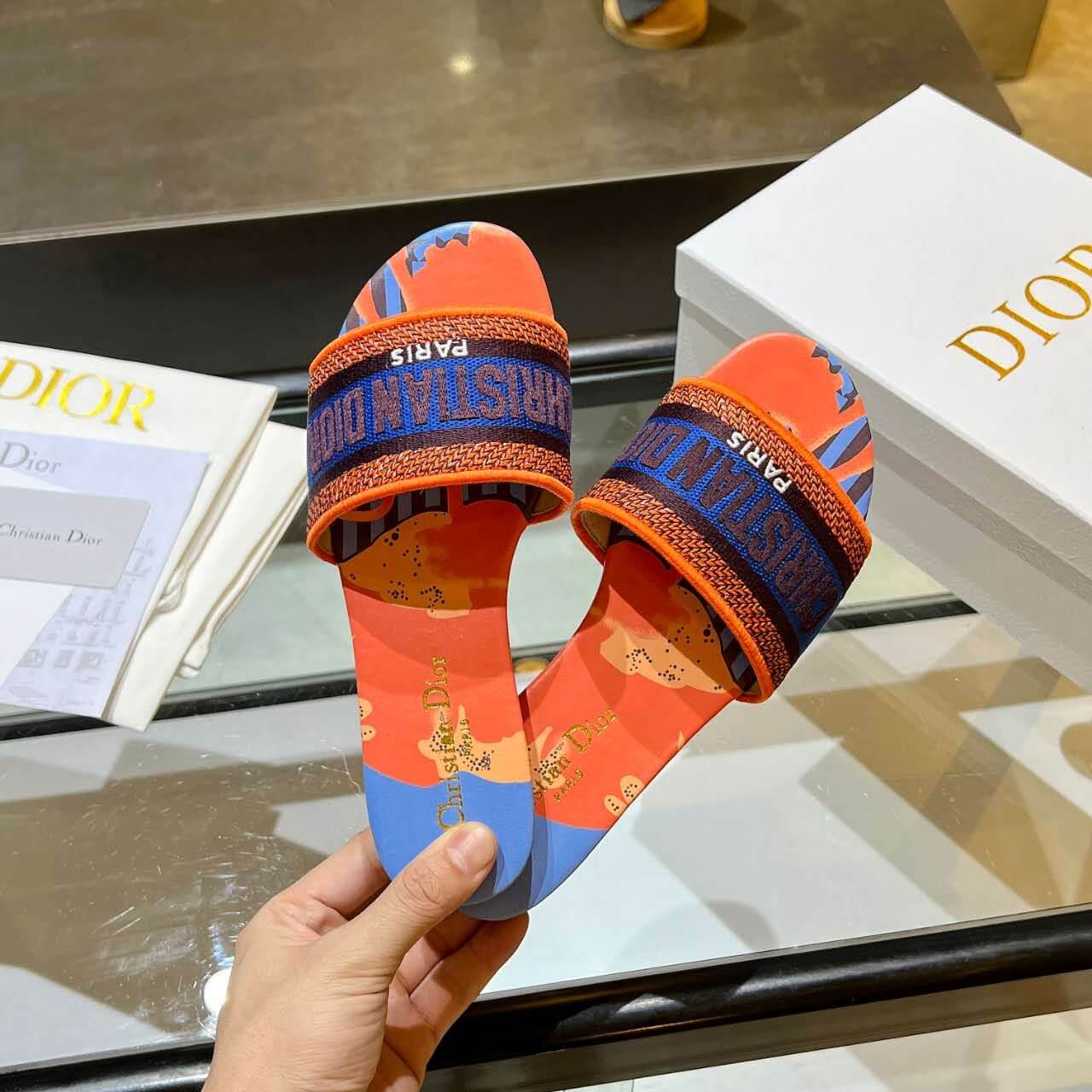 Dior Dway Orange Multicolor with Navy Blue Embroidered Strap Slide Sandals