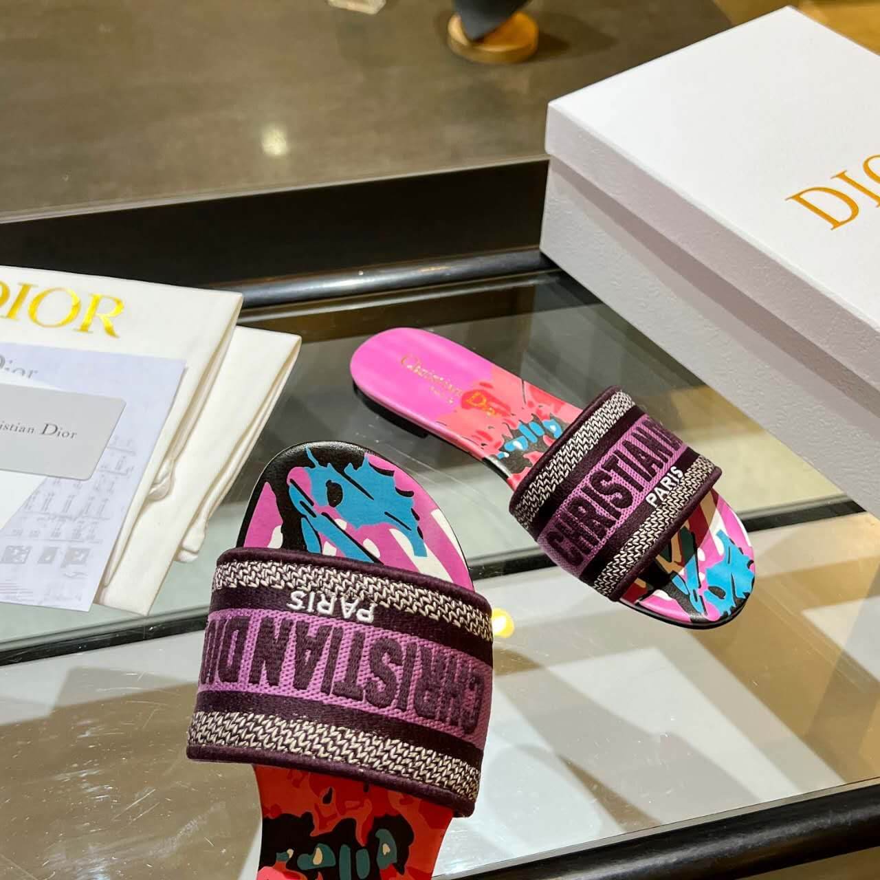 Dior Dway Pink Multicolor with Purple Embroidered Strap Slide Sandals
