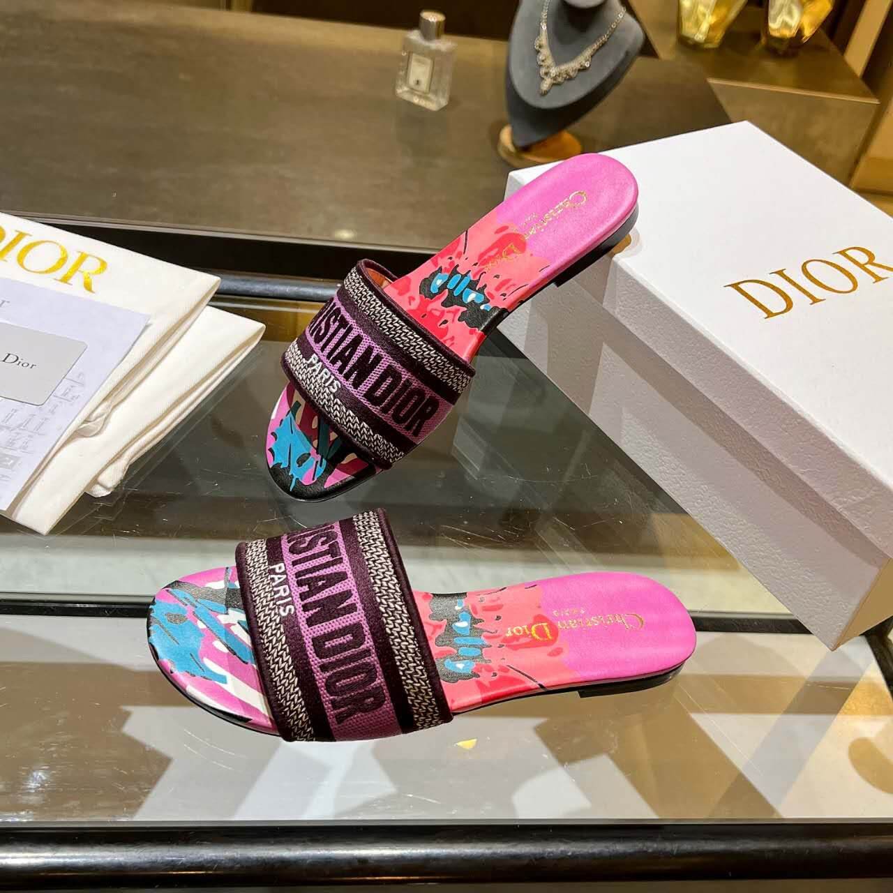 Dior Dway Pink Multicolor with Purple Embroidered Strap Slide Sandals
