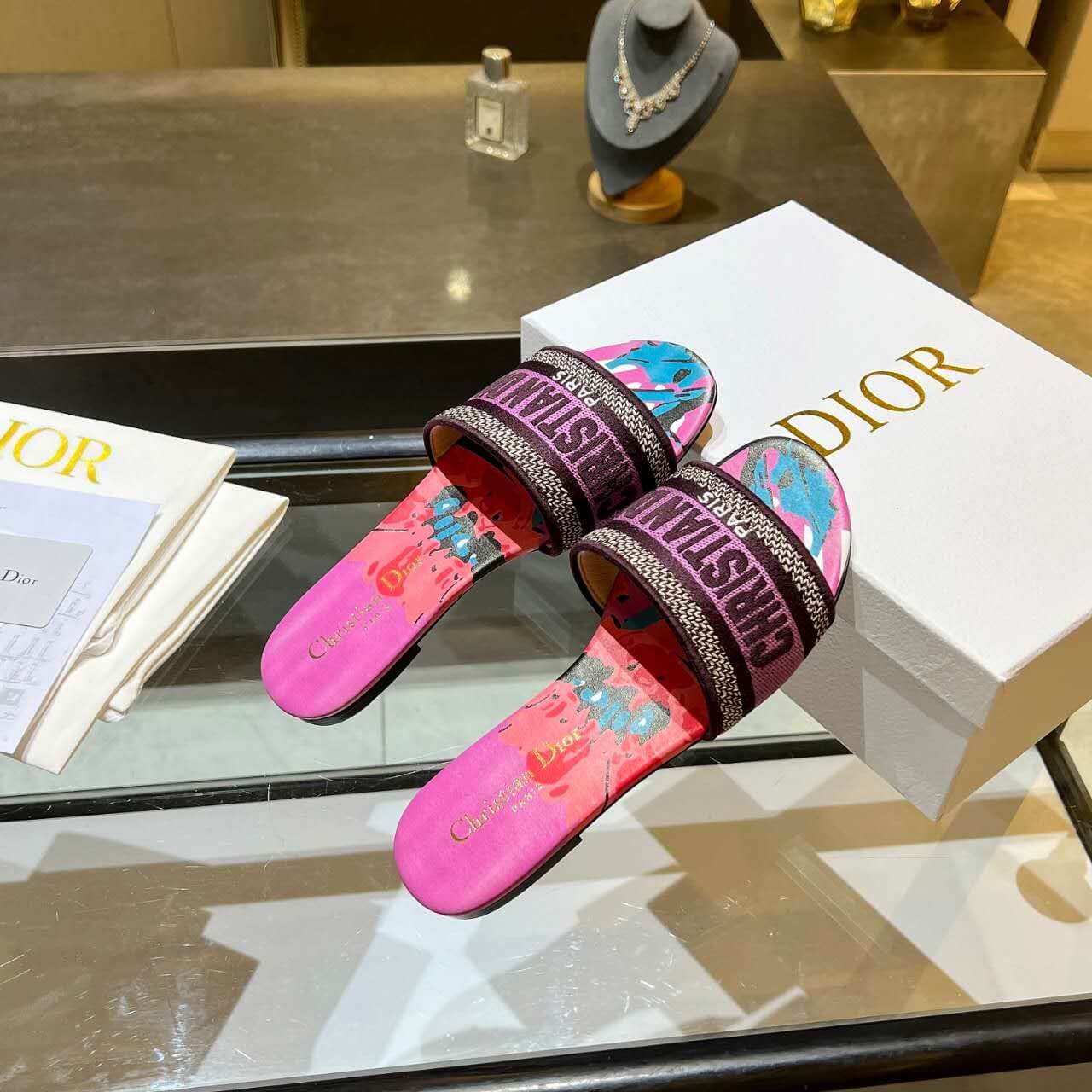 Dior Dway Pink Multicolor with Purple Embroidered Strap Slide Sandals