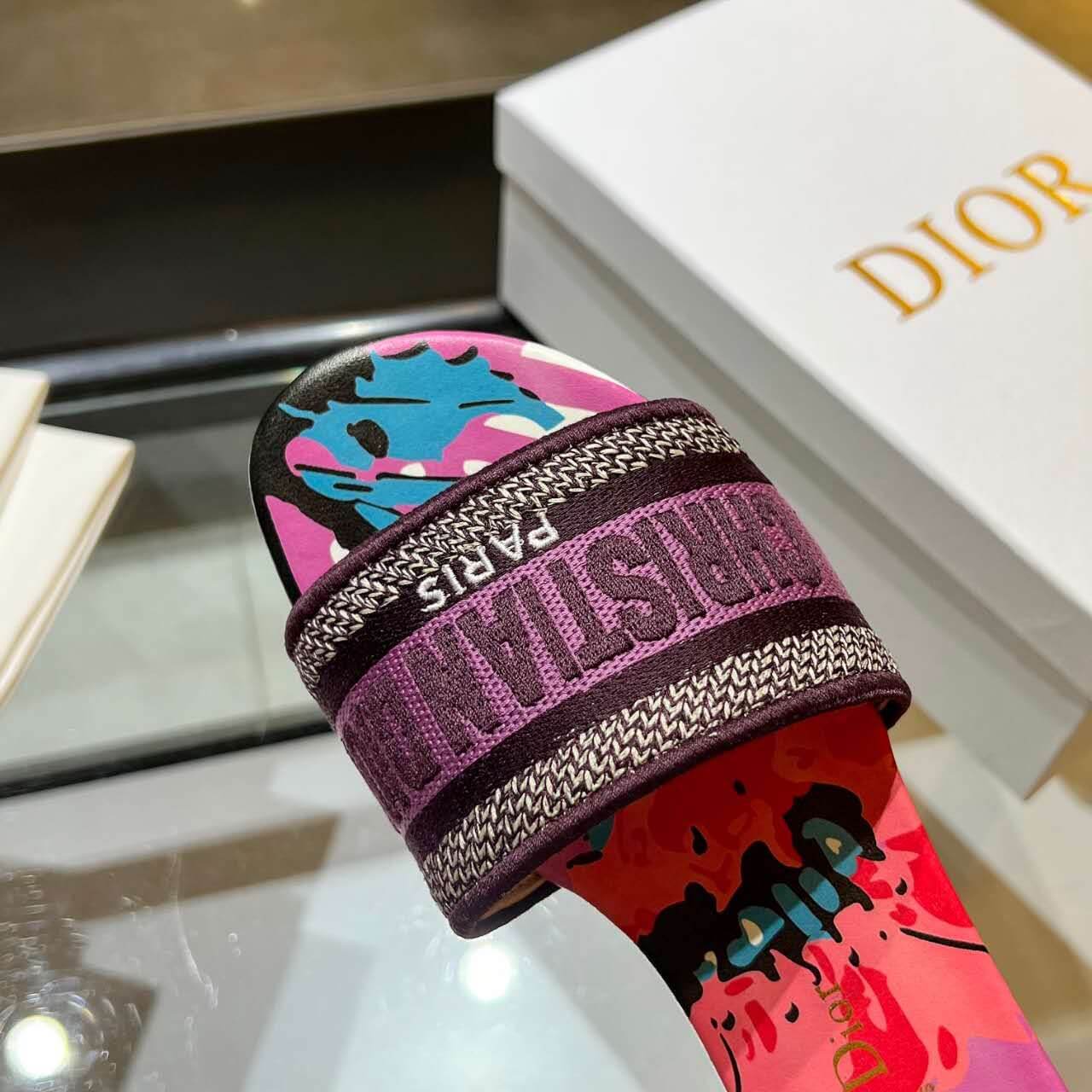 Dior Dway Pink Multicolor with Purple Embroidered Strap Slide Sandals