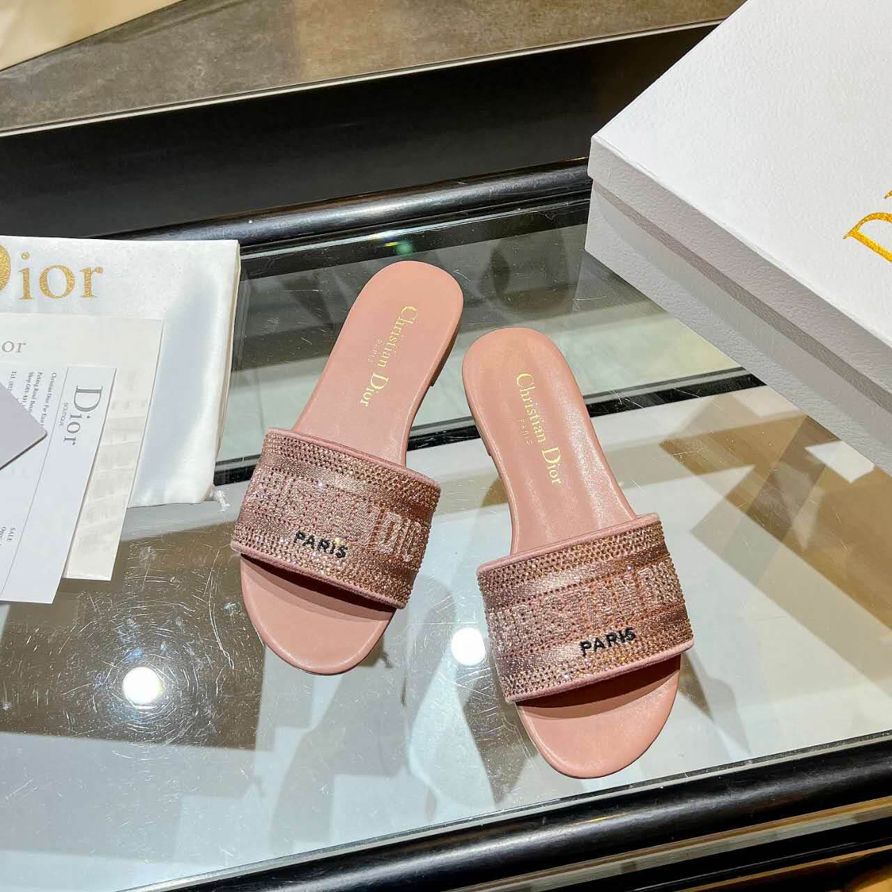 Dior Dway Rose Gold Glitter Slide Sandals