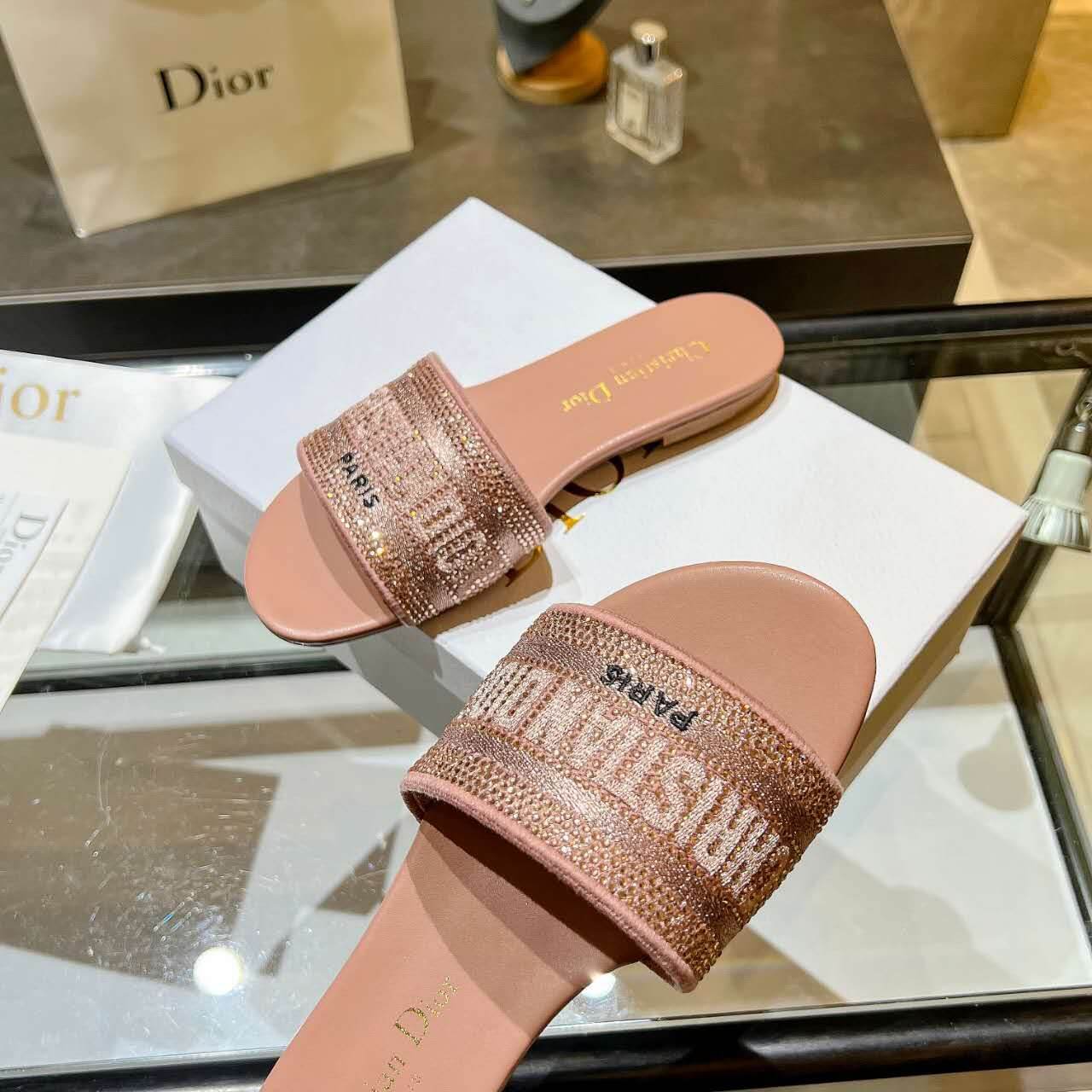 Dior Dway Rose Gold Glitter Slide Sandals