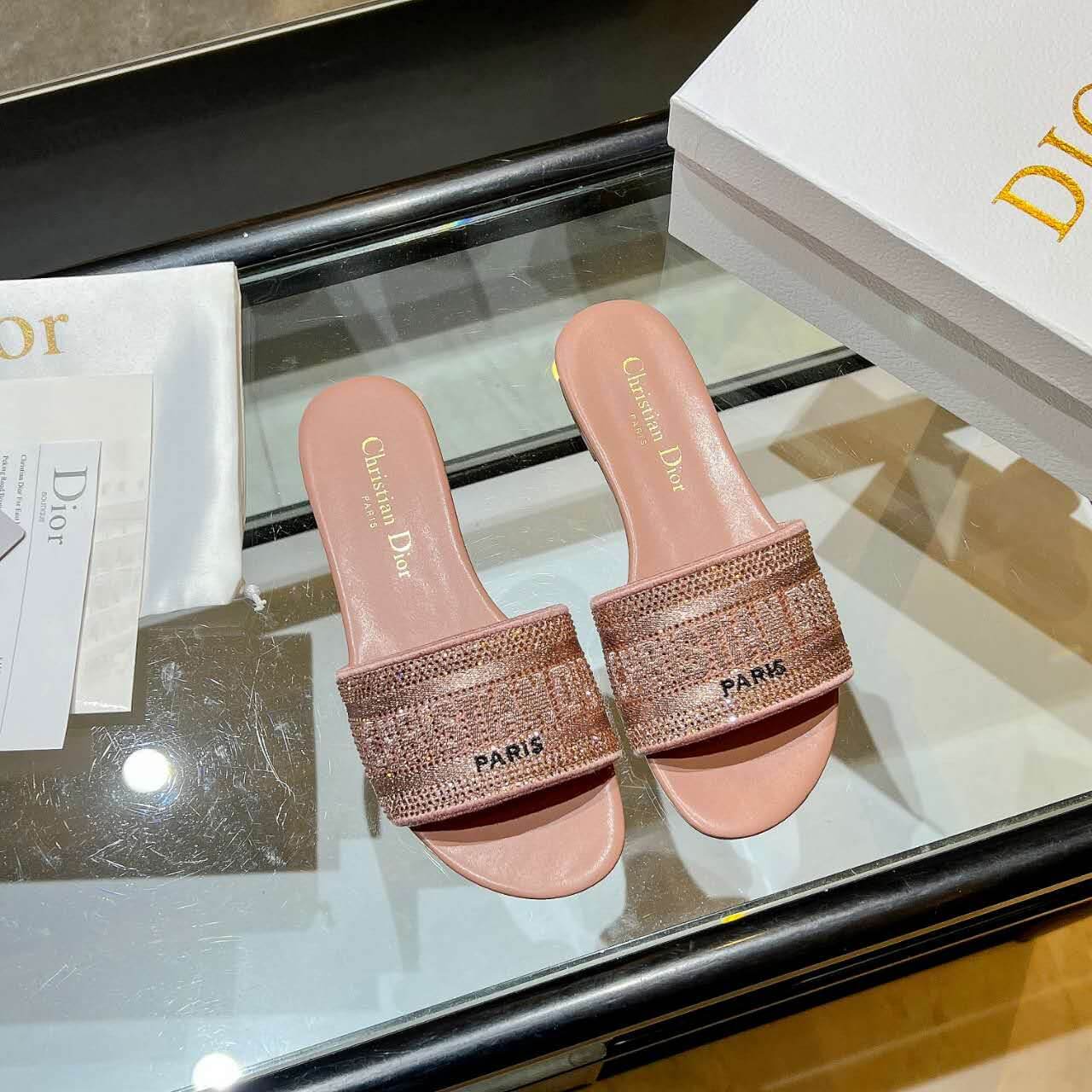 Dior Dway Rose Gold Glitter Slide Sandals