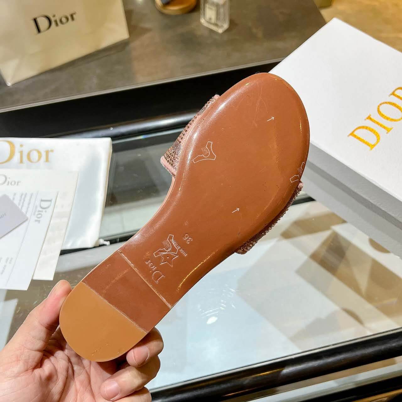 Dior Dway Rose Gold Glitter Slide Sandals