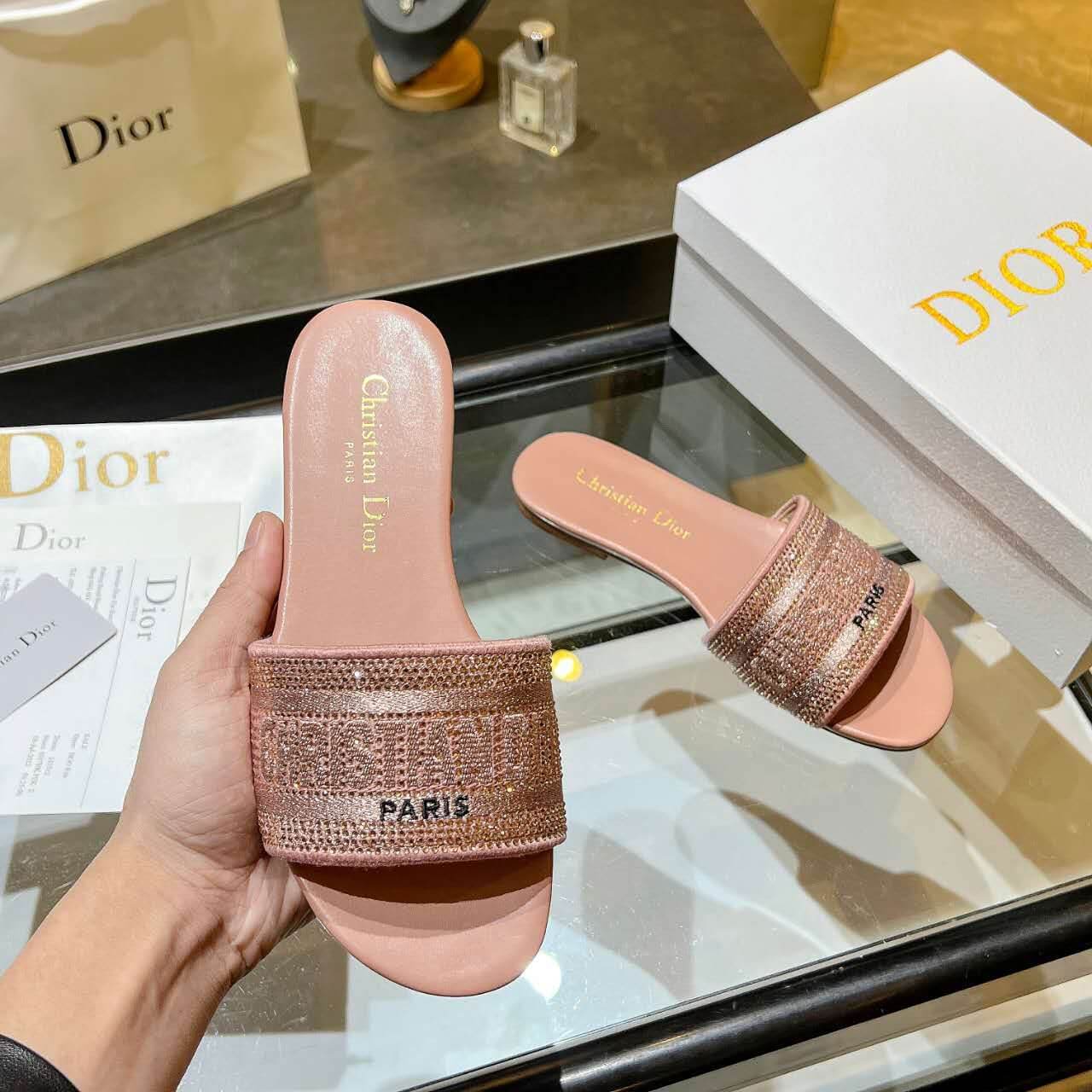 Dior Dway Rose Gold Glitter Slide Sandals