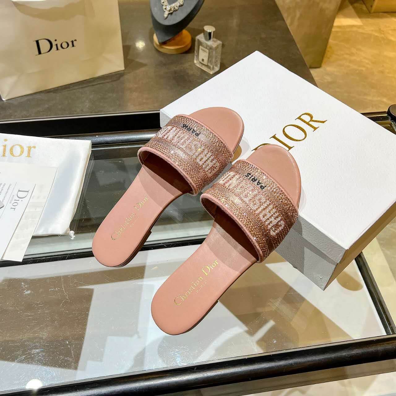 Dior Dway Rose Gold Glitter Slide Sandals
