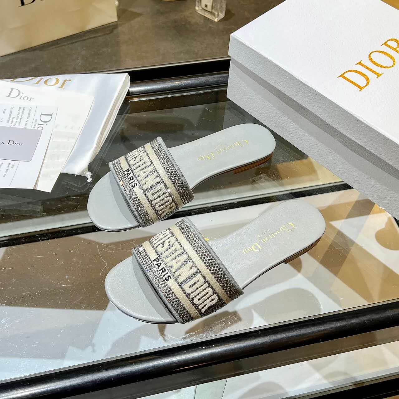 Dior Dway Silver Glitter Slide Sandals