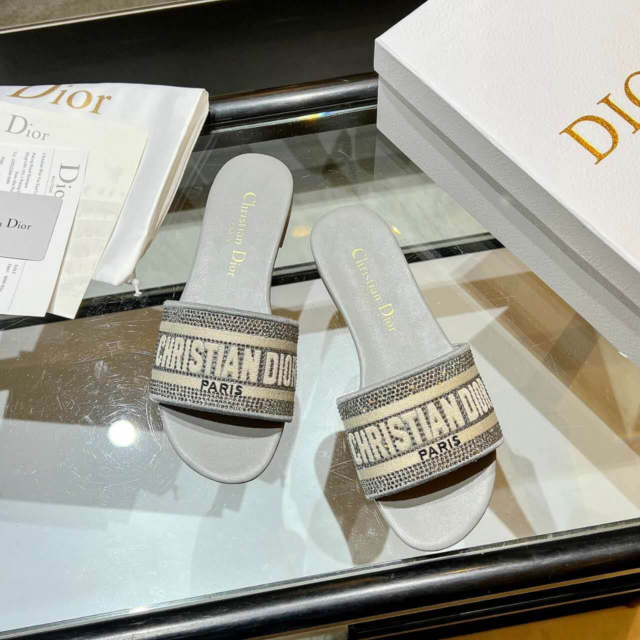 Dior Dway Silver Glitter Slide Sandals