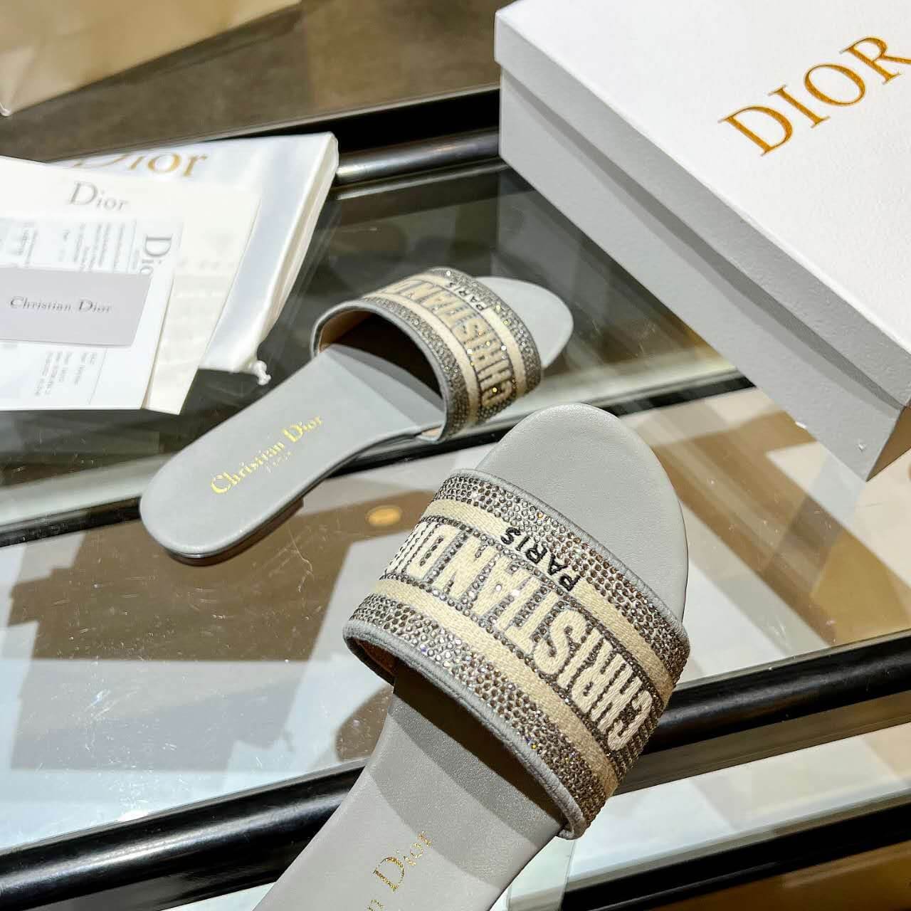 Dior Dway Silver Glitter Slide Sandals