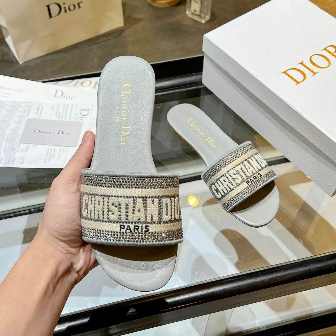 Dior Dway Silver Glitter Slide Sandals