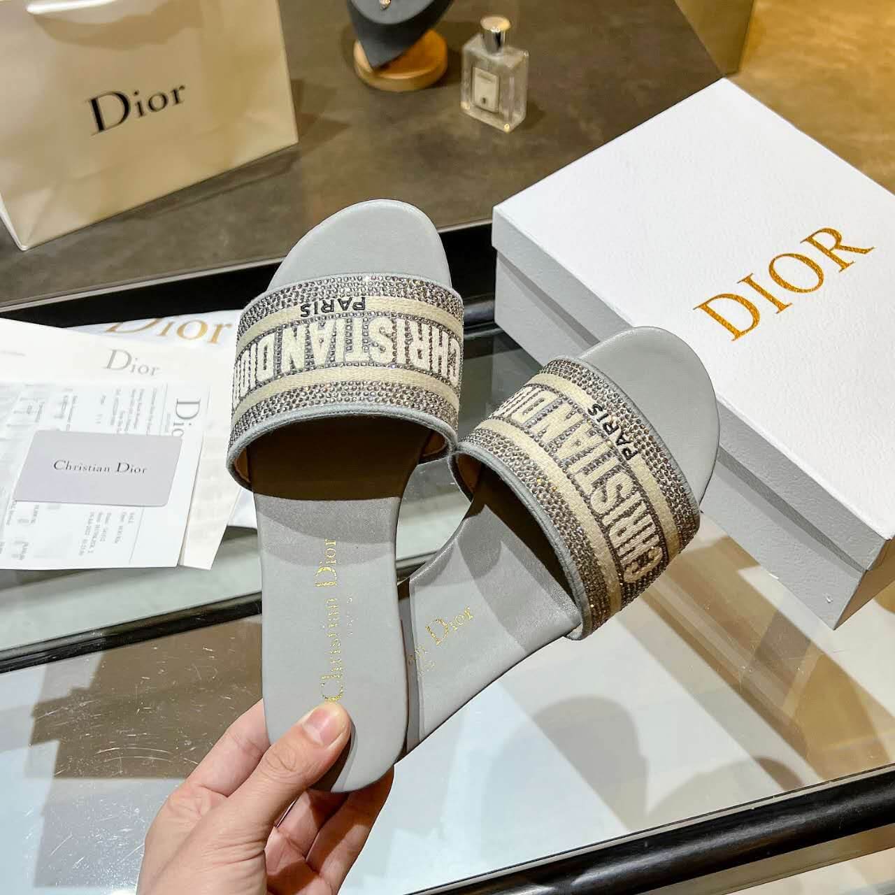 Dior Dway Silver Glitter Slide Sandals