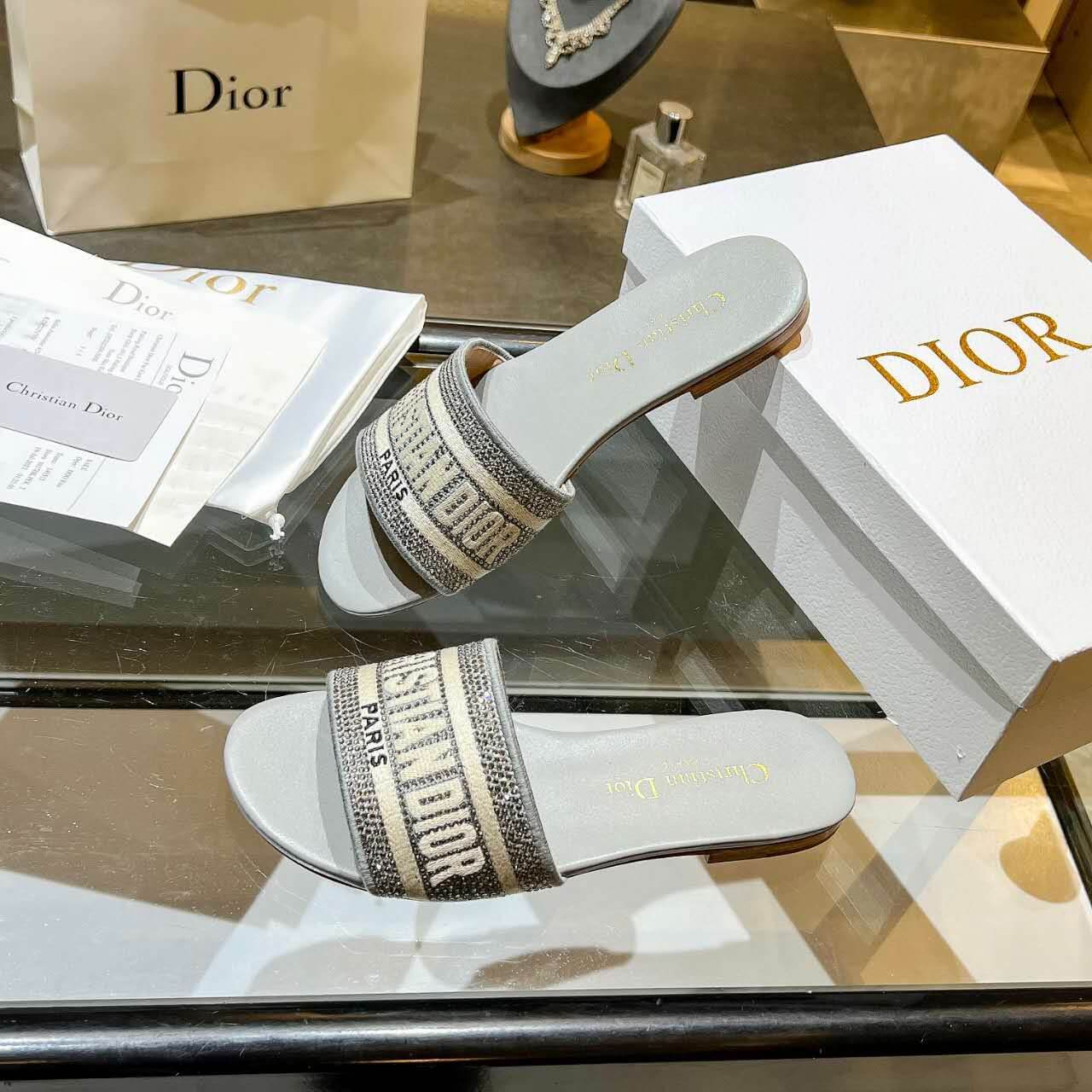 Dior Dway Silver Glitter Slide Sandals