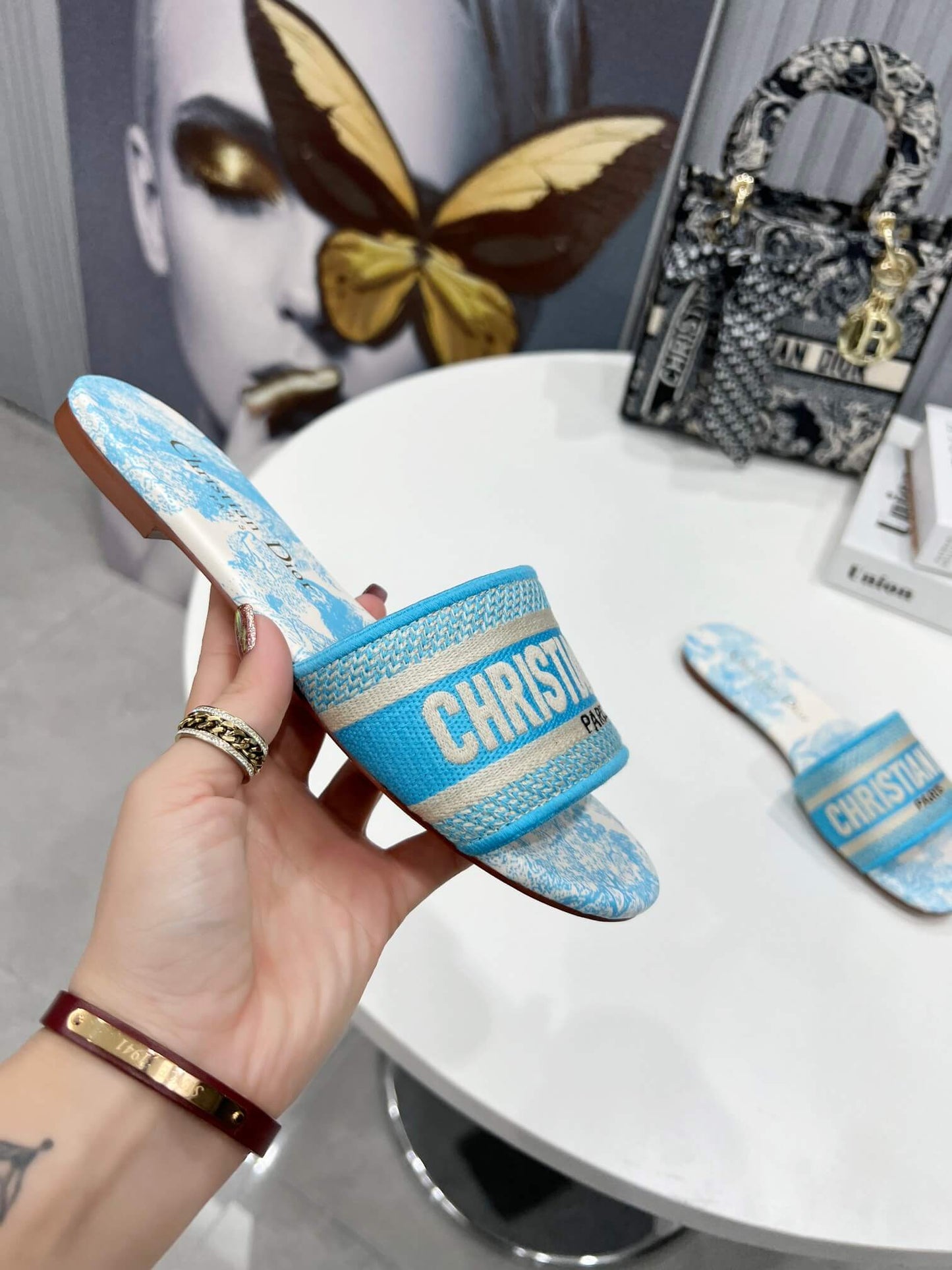 Dior Dway Sky Blue Toile de Jouy with Blue Embroidered Strap Slide Sandals